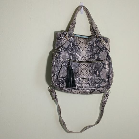 Cynthia Rowley Black Gray Snakeskin print all Leather bag With Shoulder Strap - Picture 8 of 16